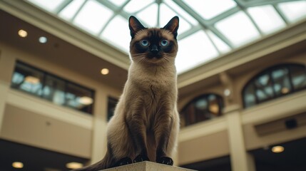 A Siamese cat with blue eyes sits on a pedestal inside a building with windows and ceiling lights. AI.