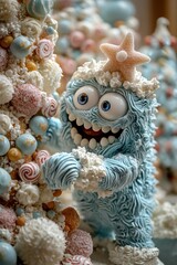 A blue, textured monster figure with large eyes and a starfish on its head stands near a decorative, candy-covered tree. AI.