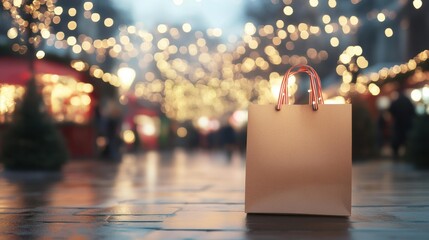 A brown paper shopping bag with striped handles stands on a wet surface with lights in the background. AI.