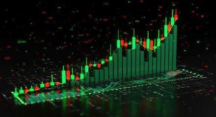 A 3D rendered stock market graph with green and red candlesticks, rising upwards.