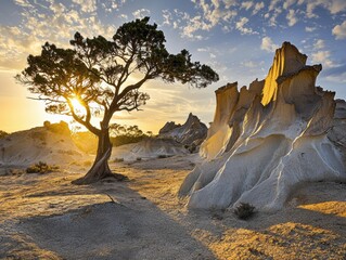 Lone tree stands near rock formations under a sky with clouds. The sun is visible through the tree branches. AI.