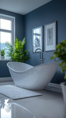 White tub in a blue bathroom with a chrome faucet, a light rug, and plants. Two framed pictures hang on the wall. AI.