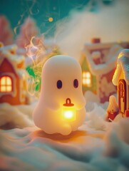 A white ghost figure holds a glowing lantern in a snowy village. Small houses are visible in the background. AI.