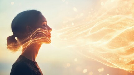 deep breathing exercises, with their exhaled breath transforming into glowing energy waves, radiating peace and self-awareness, with a misty morning blurred background