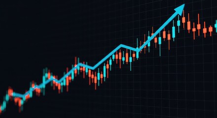 A bright blue arrow graph shows a significant upward trend against a dark background with red and green candlesticks.