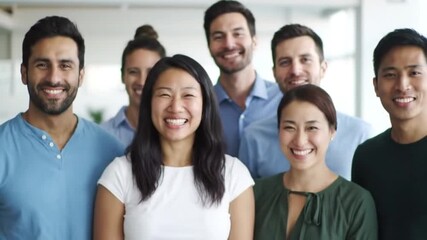 Portrait of a diverse team of professionals smiling together in a modern office, showing teamwork and collaboration, looking at camera cheerfully - Powered by Adobe