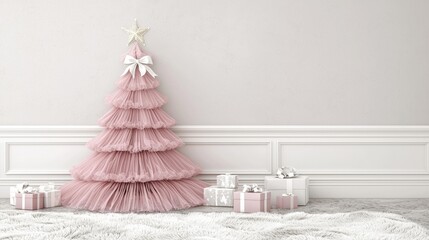 A layered pink tree with star and bow stands by presents on a fluffy rug against a white wall. AI.