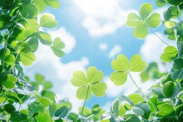 Green clovers grow upwards against a blue sky dotted with white clouds. AI.