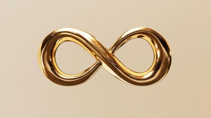 A golden infinity symbol appears to float against a beige background. Light reflects on the metal's surface. AI.