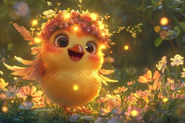 Yellow chick with flower crown stands in a field of flowers. AI.