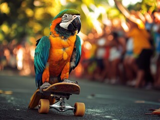 Colorful parrot stands on a skateboard. A blurred crowd is visible in the background. AI.