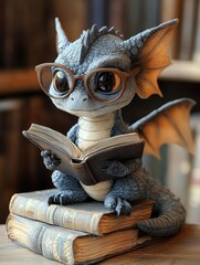 A small dragon with glasses sits atop books reading a book. AI.