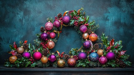 A wreath features colorful ornaments, pine cones, holly, and red berries against a dark teal textured background. AI.