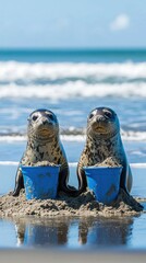 Two seals sit on a sandy beach, each with a blue bucket filled with sand. Waves are visible in the background. AI.