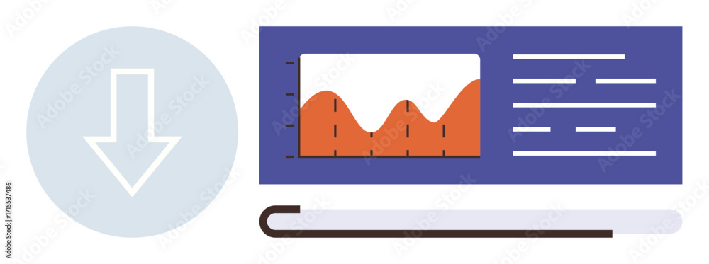 Poster graph with orange peaks and a text block on screen, next to large arrow signifying download. ideal f