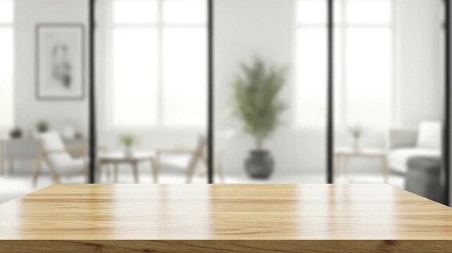 A clean wooden tabletop provides a perfect surface for product display. The blurred background shows a bright, modern office or living room, creating a serene and professional ambiance.