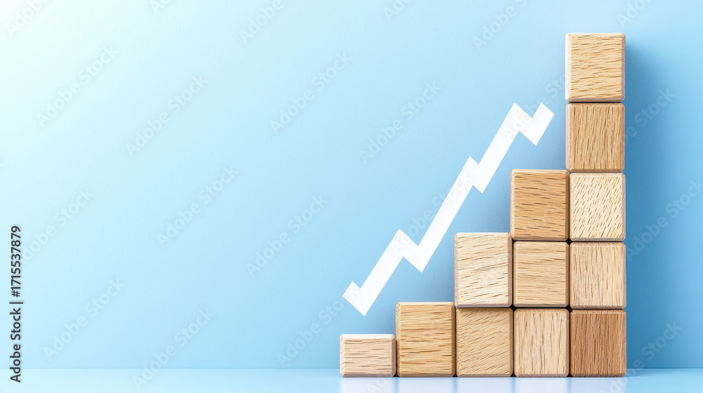Poster wooden blocks arranged gradient size pattern symbolize growth and progress against light blue backgr
