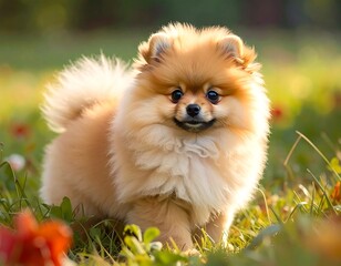 A delightful small dog, a fluffy Pomeranian, stands amidst a meadow of flowers, bathed in the warm glow of sunlight.