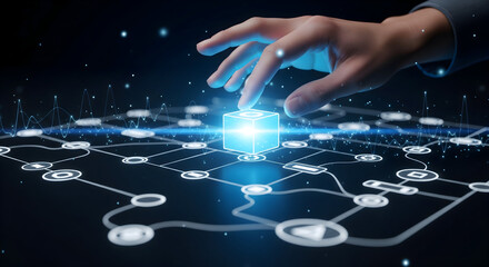 Hand interacts with glowing digital cube in futuristic network