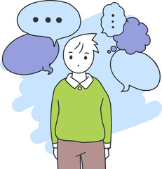 Pensive Character with Thought Balloons Cartoon. Perfect for concepts of thinking, decision making, brainstorming, or mental health. Great for communication, psychology, or social media design
