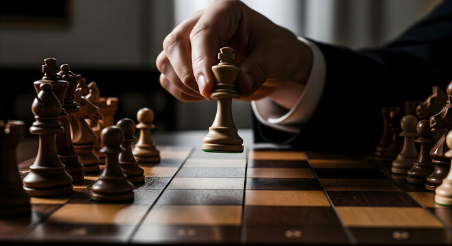 Strategic business leader makes decisive move with chess king in intense game - Powered by Adobe