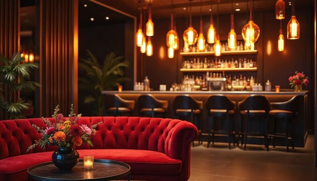 Dimly lit bar interior featuring plush red couch, table with flower vase. Modern pub design with comfortable seating, wooden counter, ambient lighting from decorative lamps. Stylish decor creates