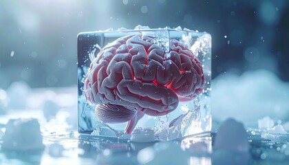 Conceptual image of a human brain encased in ice cube with glowing red light, symbolizing frozen thoughts, mind, or science innovation.