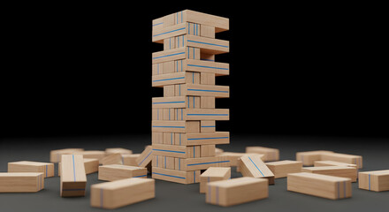 Unstable wooden tower with scattered blocks, risk and strategy