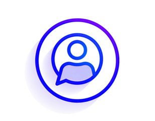 Circular icon, person profile with speech bubble, outlined in vibrant blue and purple