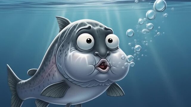 Surprised cartoon fish puffed cheeks blowing bubbles underwater