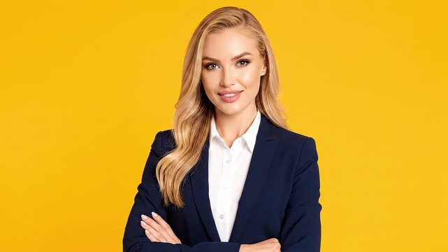 A confident young businesswoman with blonde hair smiles warmly at the camera with her arms crossed. Dressed in a professional suit, she stands against a vibrant yellow studio background. This portrait