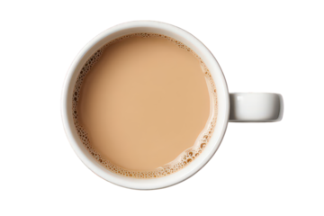 Overhead View of a White Mug Filled with Light Brown Tea Against a Transparent Background