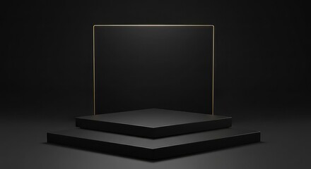 Minimalist dark studio background with two square pedestals and a golden frame, perfect for product display or abstract presentations.