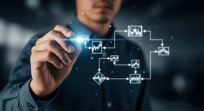 Man draws glowing flowchart data analysis process for business success - Powered by Adobe
