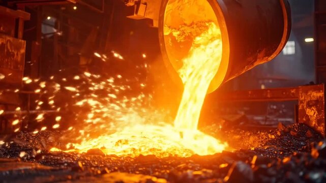 Molten Metal Pouring at Steel Foundry: Industrial Manufacturing Process