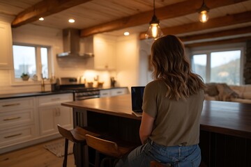 A woman with long brown hair sits at a wooden kitchen island, working on a laptop, with white cabinets, windows, and a stainless steel range hood in the background of a warm kitchen