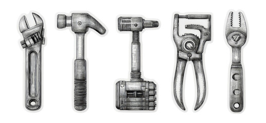 Collection of Isolated Hand Tools in Grayscale Style with Transparent Background