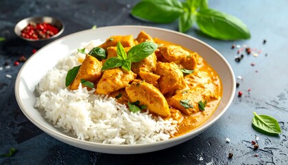 Aromatic chicken curry with basmati rice, a vibrant dish of tender chicken pieces simmered in a rich, flavorful curry sauce, served over a bed of fluffy white rice, garnished with fresh basil leaves.
