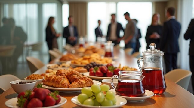 Stylish hotel coffee break buffet with pastries, fruits, coffee, and tea in a modern conference setting.
