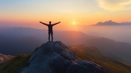 A person standing on a mountain peak at sunrise, arms open wide, embracing spiritual awakening,  on blurred background