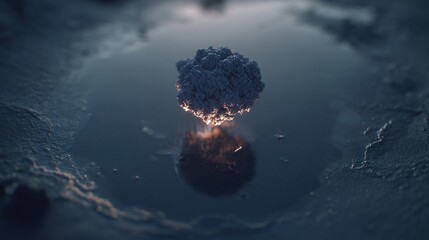 submicroscopic. A single, complex, glowing molecule emerges from a dark, primordial aqueous solution, symbolizing the spark of life. STEM education sheets.