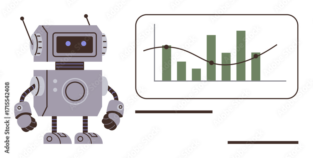 Poster robot interacting with bar chart and trend line, emphasizing technology, ai, and data visualization.