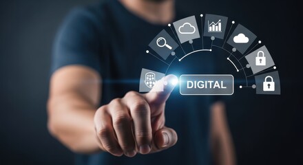 Man touching digital icon on virtual screen for technology transformation concept