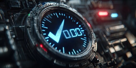 Futuristic, glowing digital clock with a checkmark, set in a dark, metallic casing