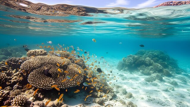 Crystal-clear waters of Redang Island, vibrant coral reefs and colorful tropical fish beneath the surface, sunny blue sky, hyper-realistic underwater travel shot