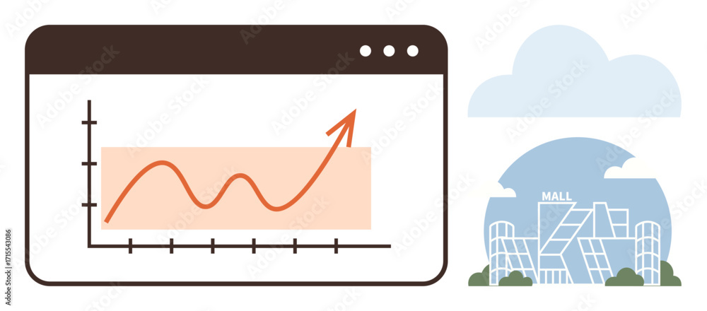 Poster line graph showing upward trends in a web window next to a futuristic shopping mall facade under clo