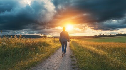a path surrounded by storm clouds, with each mindful step, the clouds part to reveal a glowing sun, symbolizing mental health healing, with a moody blurred background
