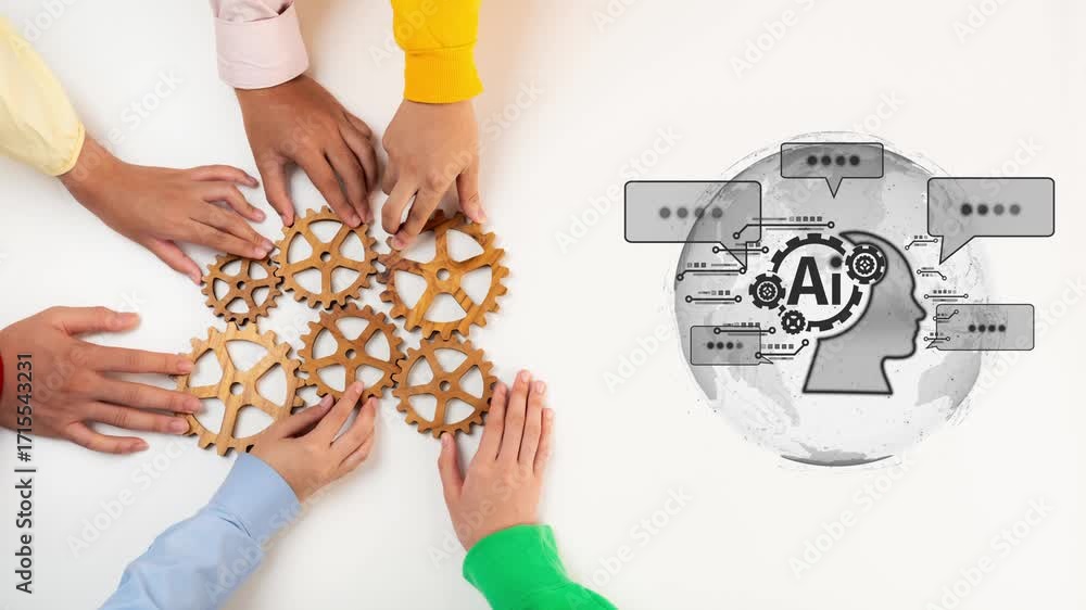 Poster a dynamic group of diverse hands work together with gears, symbolizing collaboration in artificial i