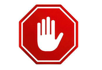 Fototapeta premium Red stop sign with a raised hand symbol on white background.