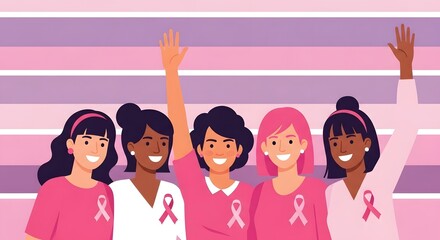 World Cancer Day Empowering Women United Diverse Group in Pink Raises Hands for Breast Cancer Awareness and Health Support, Celebrating Strength and Solidarity
